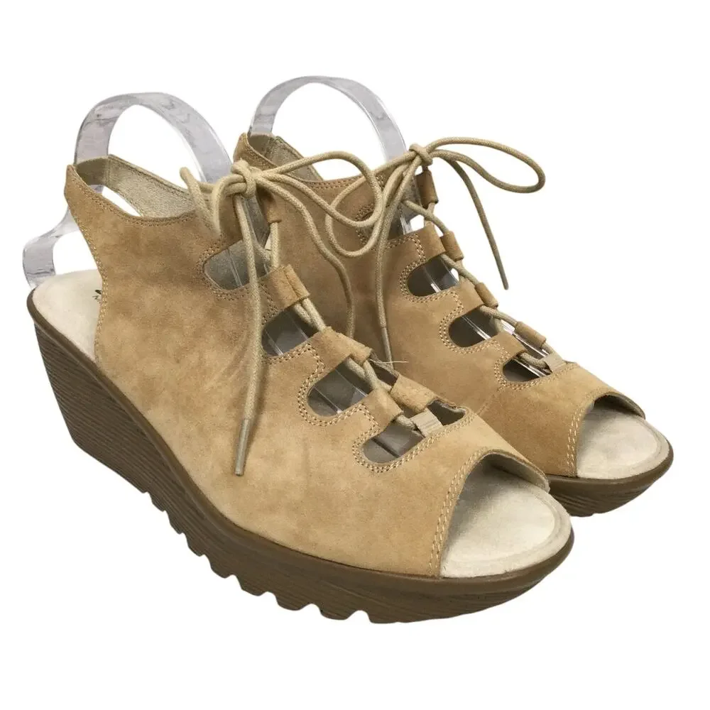 Skechers Boho Chic Minimalist Leather Lace Up Tan Slingback 2.5" Wedge Sandal 9 - Picture 1 of 11